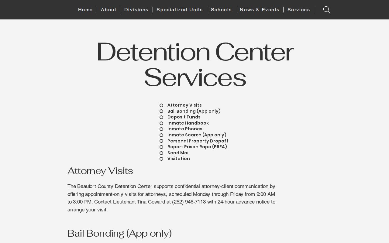 Beaufort County Sheriff detention services page routing inmate search to the app