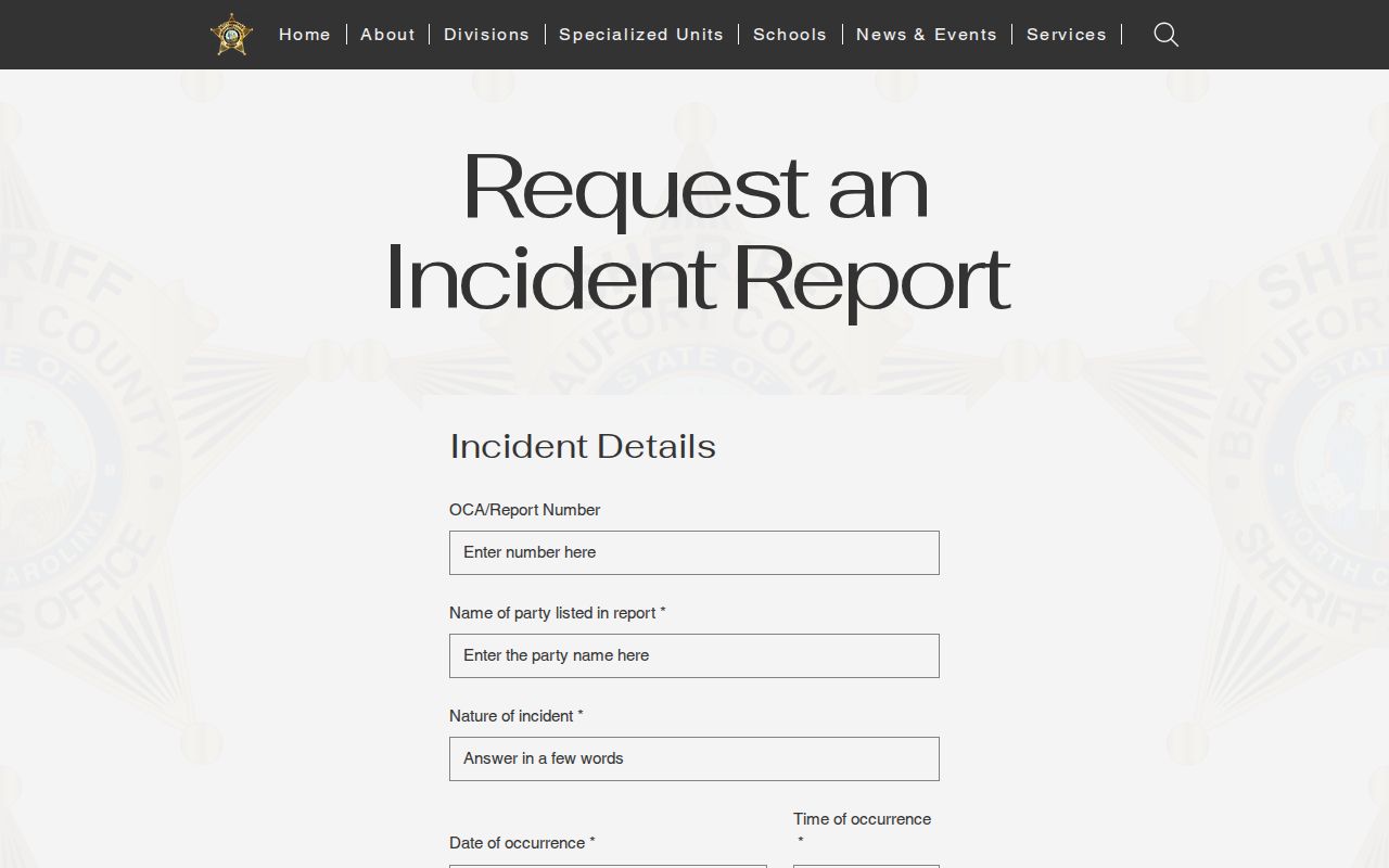 Beaufort County Sheriff Incident Report Request form