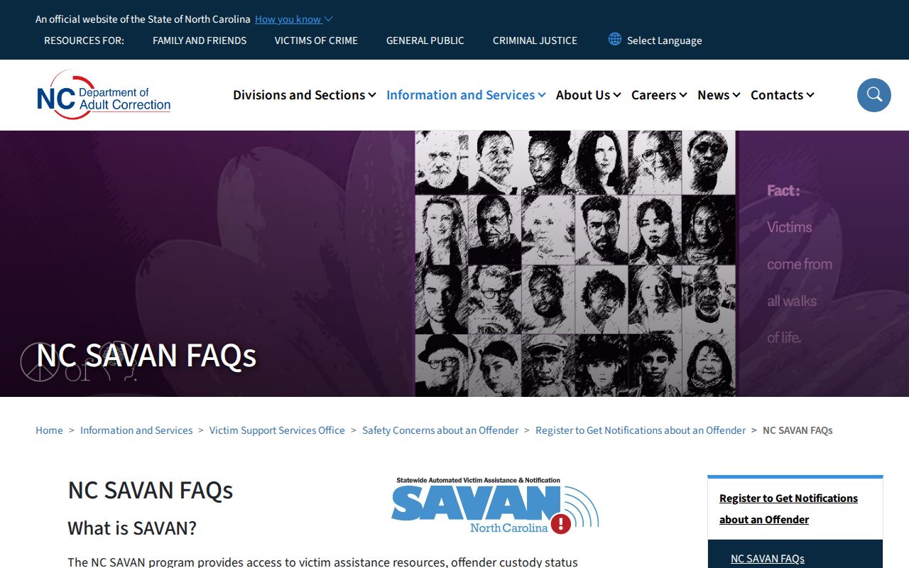 North Carolina SAVAN frequently asked questions on custody alerts and limits